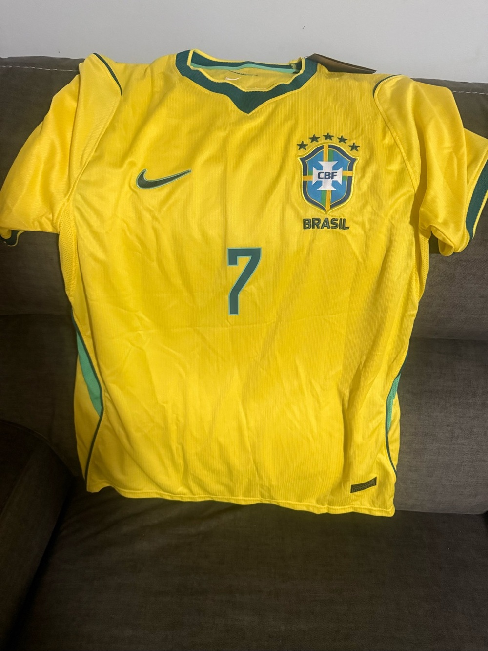 Nike Brazil Men's Yellow Soccer Jersey #7 with Green Trim